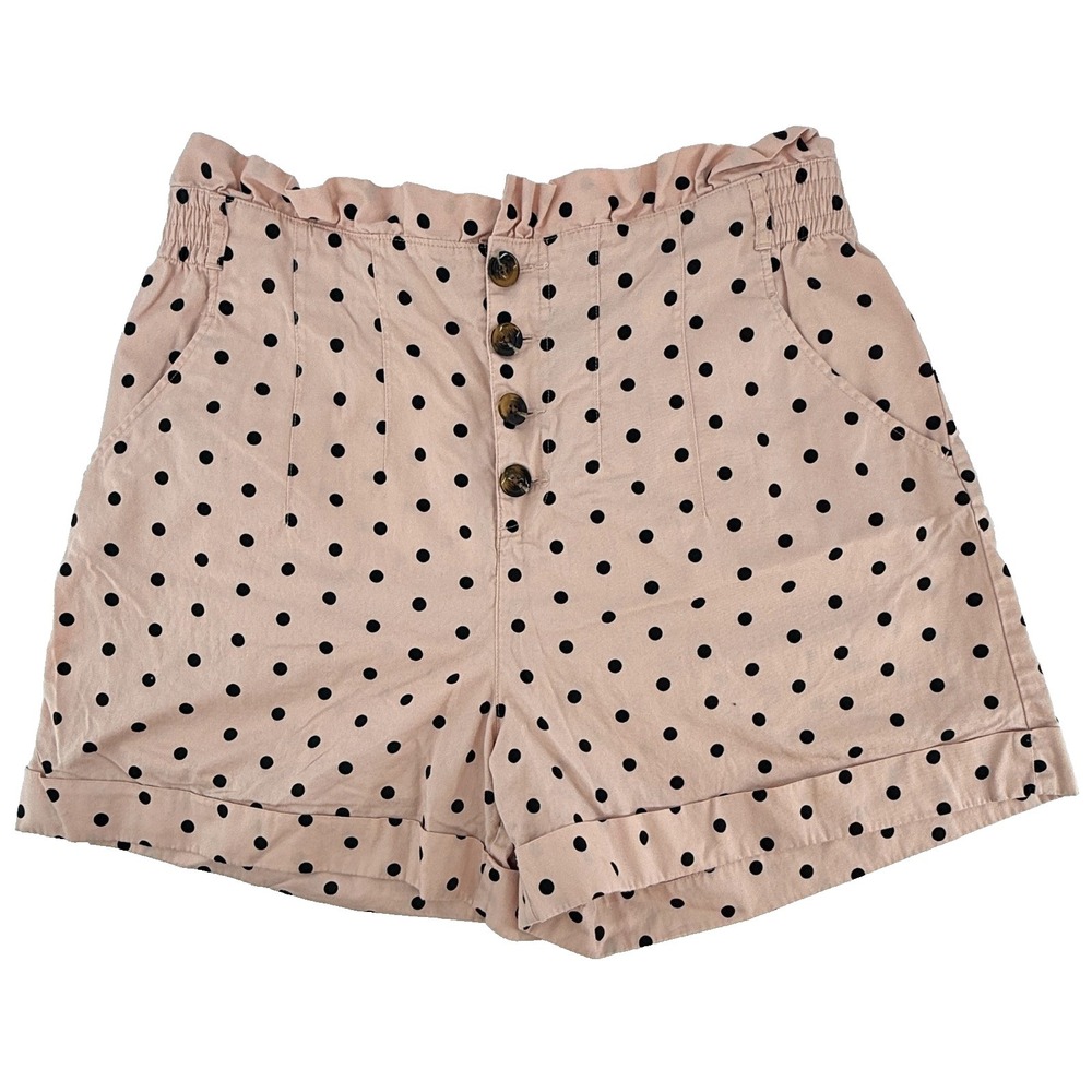 Who What Wear Pink Polka‎ Dot High Waist Paperbag Shorts 100% Cotton Sz 16 NEW